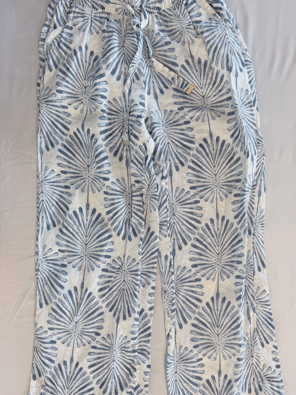 Joie Women’s S Blue White Floral Linen Drawstring Elastic Waist Straight Pants